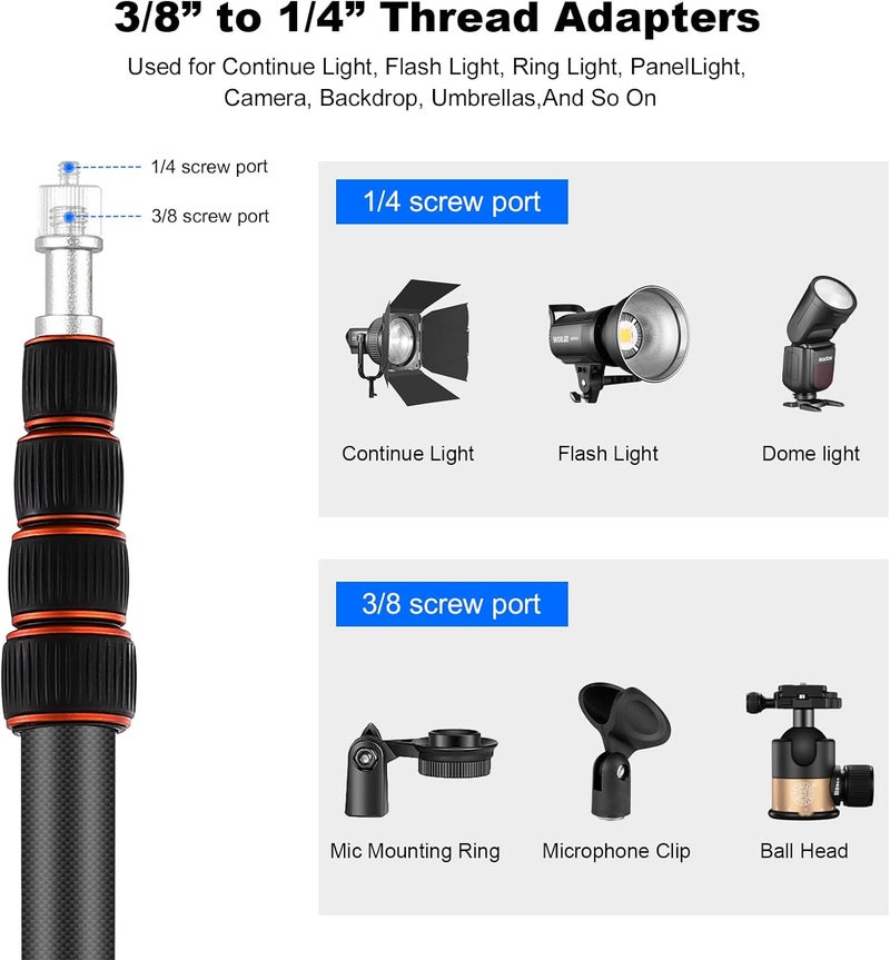 soonpho Portable Light Stand Adjustable 7ft Carbon Fiber Lighting Tripod Stand with 180° Reversible Leg Tripod Light Photography Maximum Height of 86.5”/220cm for Flash Softboxes Camera - Image 4